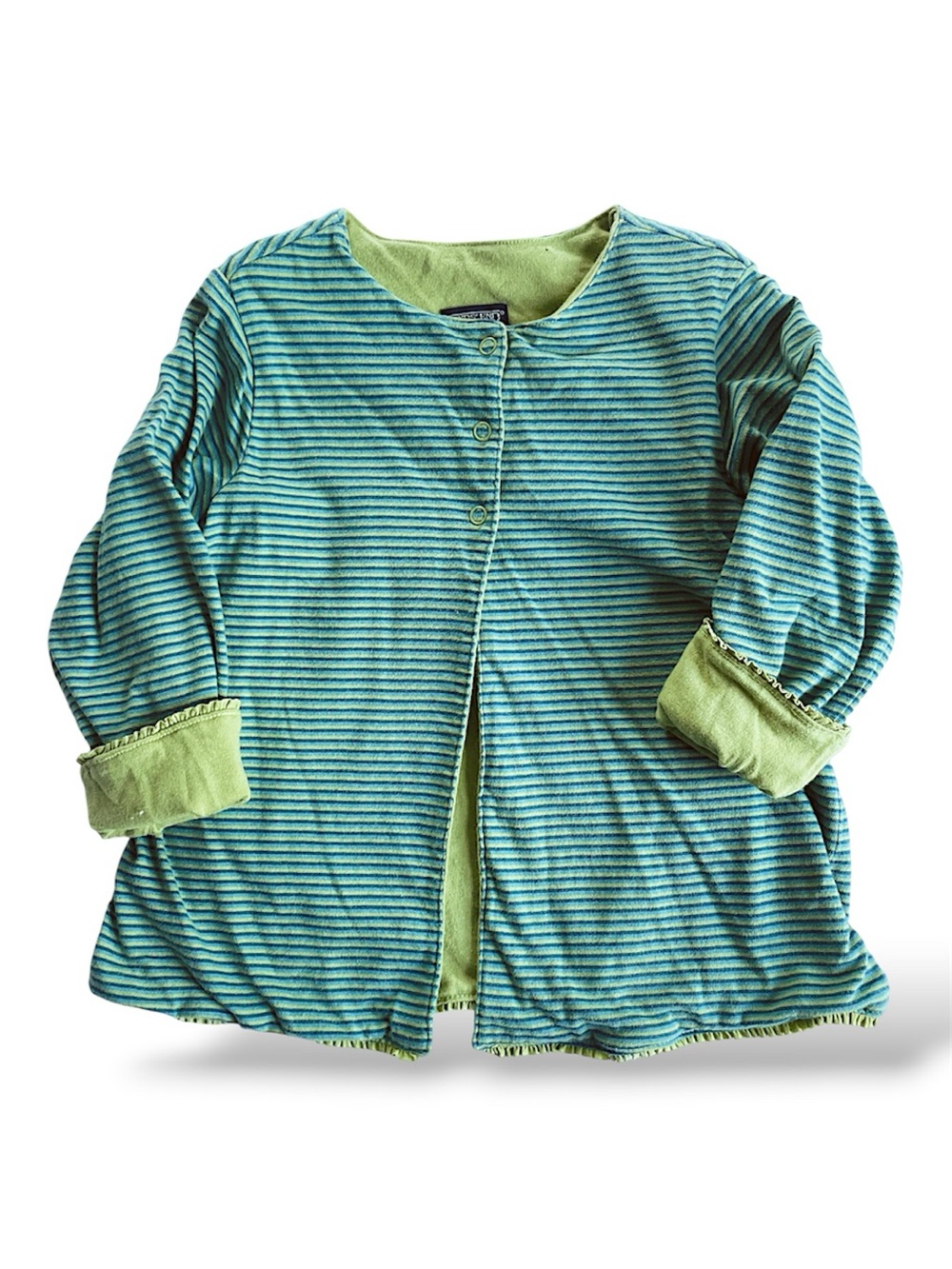 VINTAGE LANDS END 90s Y2K Sweater Cardigan Reversible Snap Green Stripe Cotton 4
